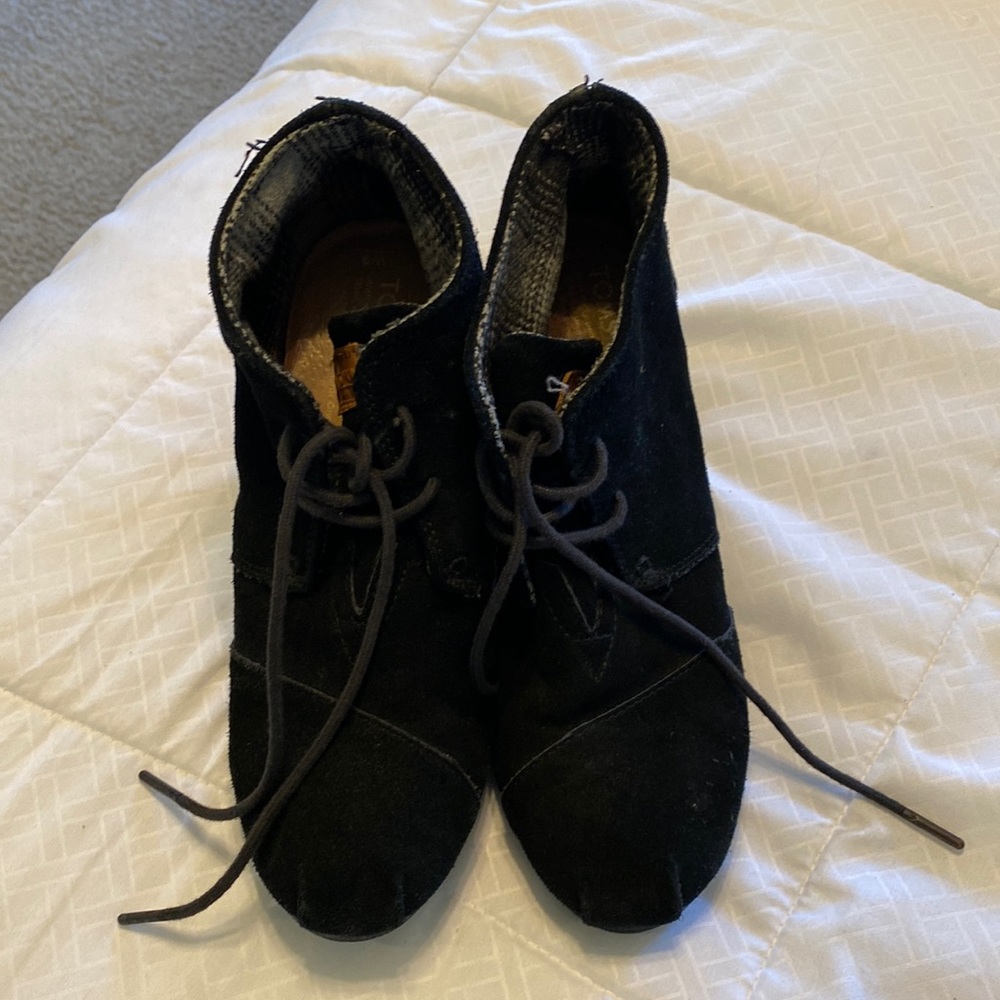 Toms Black Suede Wedge Bootie